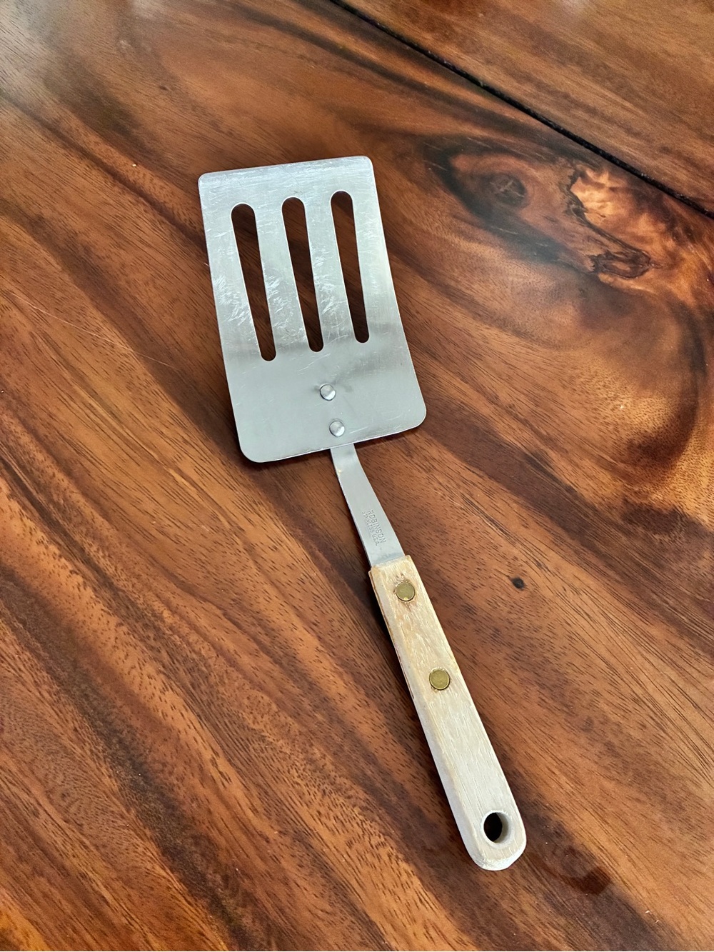 Vintage Robinson Knife Co Short Slotted Spatula Stainless Steel Wood Handle USA